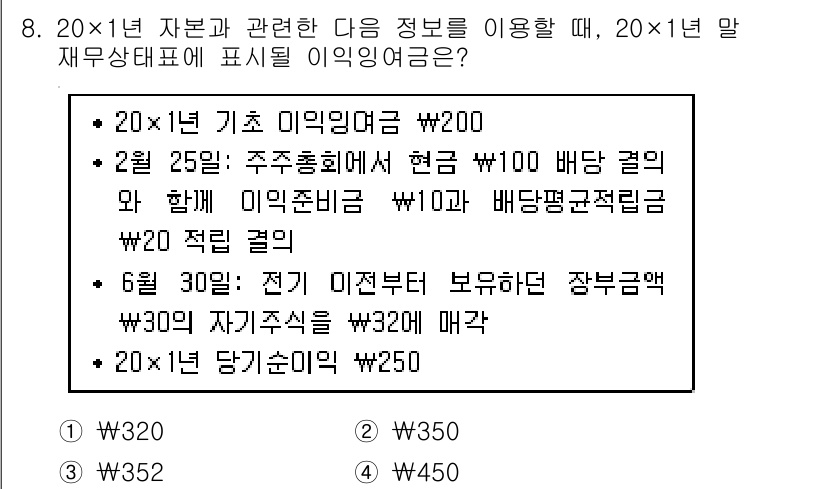9급_지방직_공무원_회계학 2019년 8번 - 20x1년 기초 이익잉여금이 200이고, 각 항목에서의 수익과 비용을 고... 에 관한 핵심 기출문제