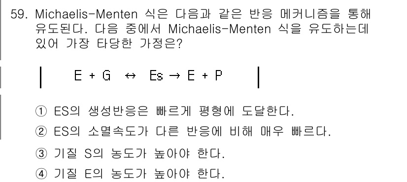 바이오화학제품제조기사 2015년 59번 - Michaelis-Menten 식에서 가장 타당한 가정은 "ES의 생성 ... 에 관한 핵심 기출문제