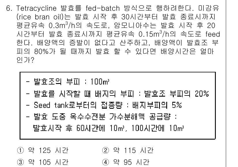 바이오화학제품제조기사 2015년 6번 - . 

발효의 부피를 기준으로, 발효 시작 후 60시간 동안의 생산성을 ... 에 관한 핵심 기출문제