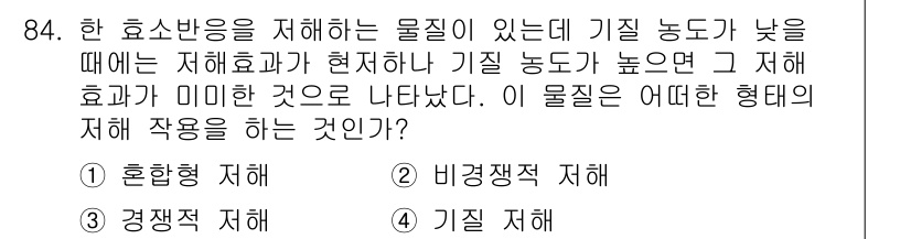 바이오화학제품제조기사 2015년 84번 - 정답은 3번 기질 저해입니다. 기질 저해는 효소와 기질의 결합을 방해하여... 에 관한 핵심 기출문제