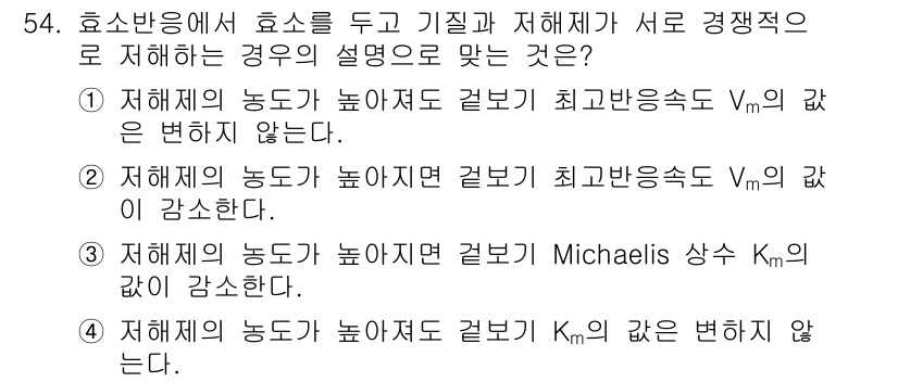 바이오화학제품제조기사 2016년 54번 - 효소와 기질의 농도가 높아질 경우 효소의 활성화가 증가하여 반응 속도가 ... 에 관한 핵심 기출문제