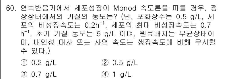 바이오화학제품제조기사 2016년 60번 - 주어진 생물학적 반응에서 세포 성장률은 Monod 모델에 따라 기질 농도... 에 관한 핵심 기출문제