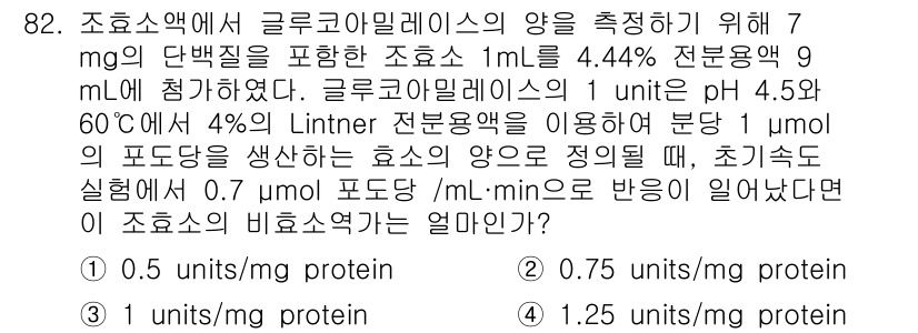 바이오화학제품제조기사 2016년 82번 - 분석한 결과, 주어진 조건에서 1 mL의 저호스액에 포함된 글루코아밀레이... 에 관한 핵심 기출문제