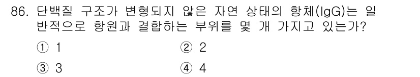 바이오화학제품제조기사 2016년 86번 - 항체(IgG)는 Y자형 구조를 가지고 있으며, 각 팔 끝에 항원과 결합할... 에 관한 핵심 기출문제