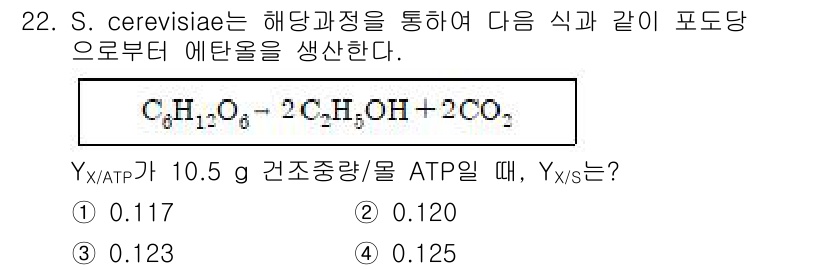 바이오화학제품제조기사 2017년 22번 - 정답은 1입니다. 

S. cerevisiae에서 식품 원료로부터 에탄올... 에 관한 핵심 기출문제