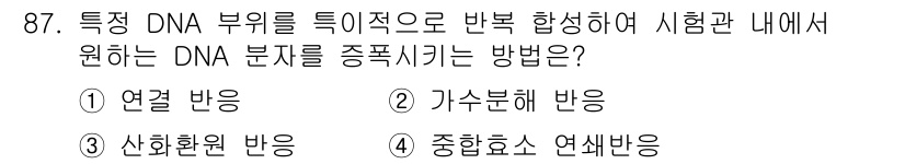 바이오화학제품제조기사 2017년 87번 - . 중합효소 반응

중합효소 반응(PCR)은 특정 DNA 조각을 선택적으... 에 관한 핵심 기출문제