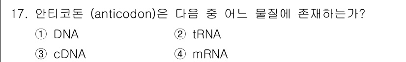 바이오화학제품제조기사 2018년 17번 - . tRNA

안티코돈은 tRNA의 특정 부분으로, mRNA의 코돈과 상... 에 관한 핵심 기출문제