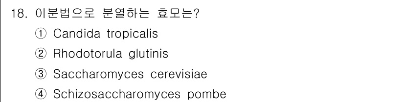 바이오화학제품제조기사 2018년 18번 - 정답은 4번 Schizosaccharomyces pombe입니다. 이 효... 에 관한 핵심 기출문제