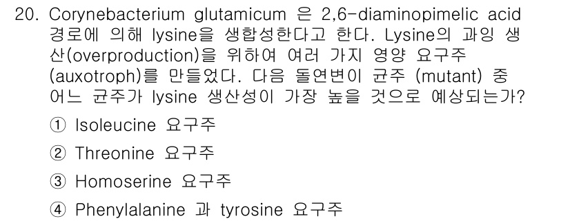 바이오화학제품제조기사 2018년 20번 - Corynebacterium glutamicum은 lysine 생산을 위... 에 관한 핵심 기출문제