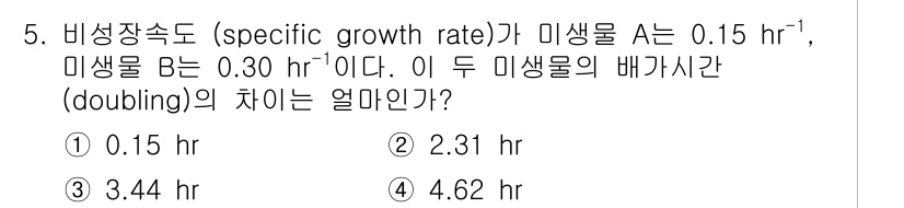 바이오화학제품제조기사 2018년 5번 - 두 미생물의 비생장속도를 이용하여 배가 되는 시간을 계산하면, A의 배가... 에 관한 핵심 기출문제