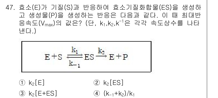 바이오화학제품제조기사 2019년 47번 - 효소 반응에서 최대 반응 속도(V_max)는 효소와 기질의 농도에 의존한... 에 관한 핵심 기출문제