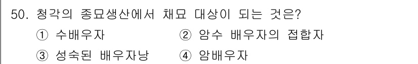 수산양식산업기사 2016년 50번 - 청각의 종묘생산에서 채묘 대상이 되는 것은 '암수 배우지의 접합자'입니다... 에 관한 핵심 기출문제