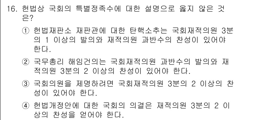 PSAT_헌법 2017년 16번 - 국회의 특별정치주석에 대한 설명 중 옳지 않은 것은 4번입니다. 헌법 재... 에 관한 핵심 기출문제