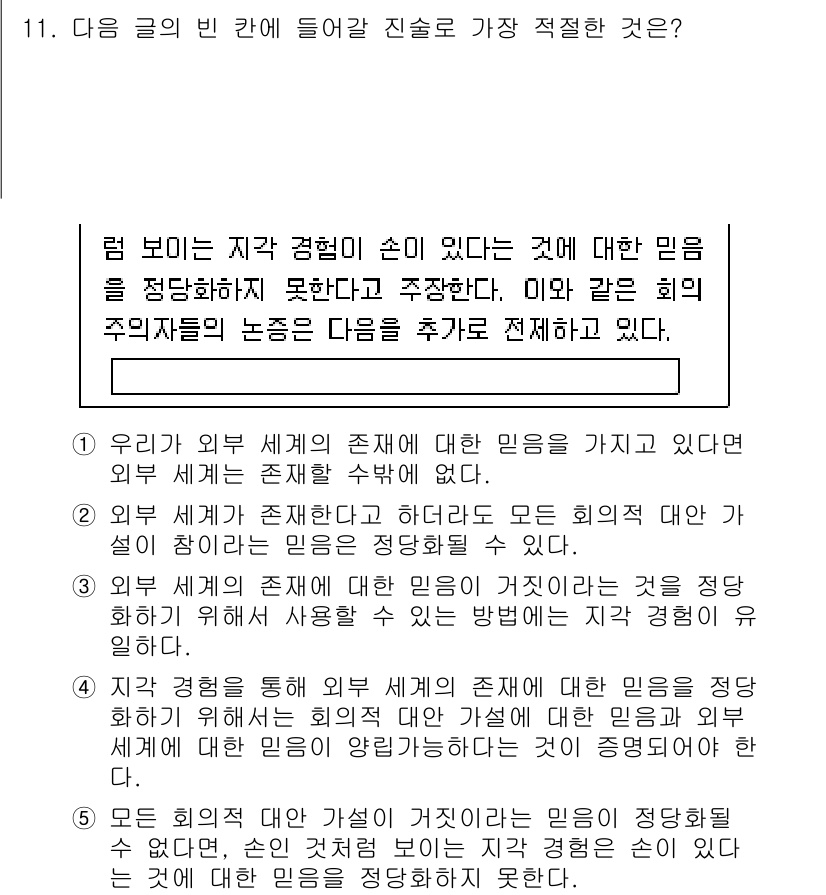 PSAT_언어논리 2015년 11번 - 문제의 핵심은 외부 세계가 존재한다는 믿음을 정당화하는 방법에 대한 것이... 에 관한 핵심 기출문제