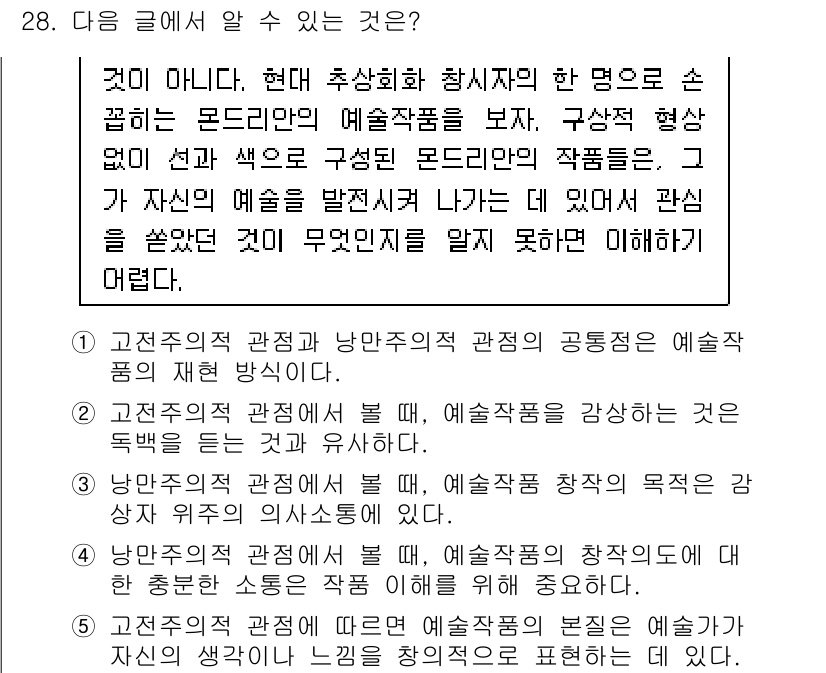PSAT_언어논리 2015년 28번 - 주어진 글에서는 고전주의와 낭만주의 관점의 공통점이 예술작품의 해석 방식... 에 관한 핵심 기출문제