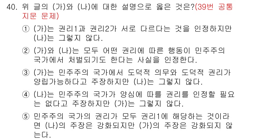 PSAT_언어논리 2015년 39번 - (가)와 (나)는 권리의 기원과 행사를 둘러싼 의견 차이를 보여주며, (... 에 관한 핵심 기출문제