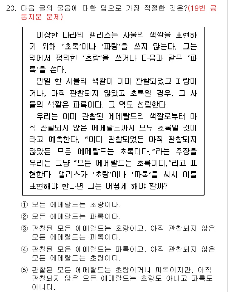 PSAT_언어논리 2016년 20번 - 주어진 글에서는 '초람'과 '파람'이 다른 사람의 색깔에 대한 인식과 관... 에 관한 핵심 기출문제