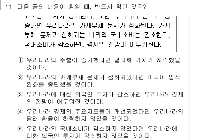 PSAT_언어논리 2017년 11번 - 정답 4번은 외국인의 국내 소비가 감소하면 국내 소비도 줄어들고 경제에 ... 에 관한 핵심 기출문제