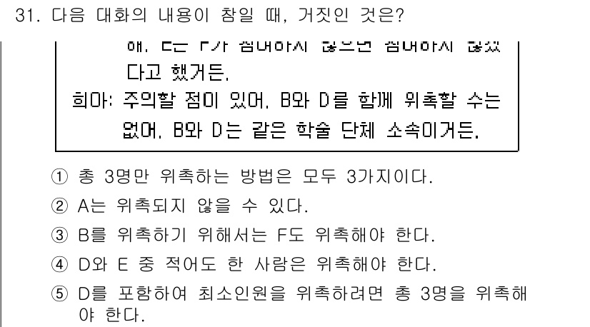 PSAT_언어논리 2017년 31번 - 왜냐하면 "A와 B 중 어느 한 사람을 위촉해야 한다"는 조건이 있으므로... 에 관한 핵심 기출문제