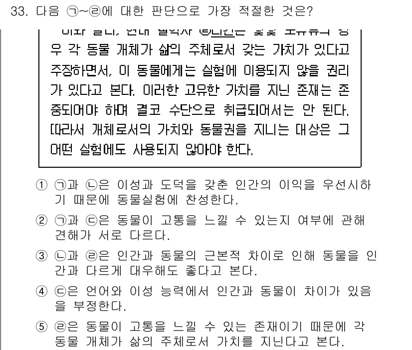 PSAT_언어논리 2017년 33번 - 정답 2번은 인간과 동물이 가진 기본적인 성격을 비교하고, 그 차이점을 ... 에 관한 핵심 기출문제