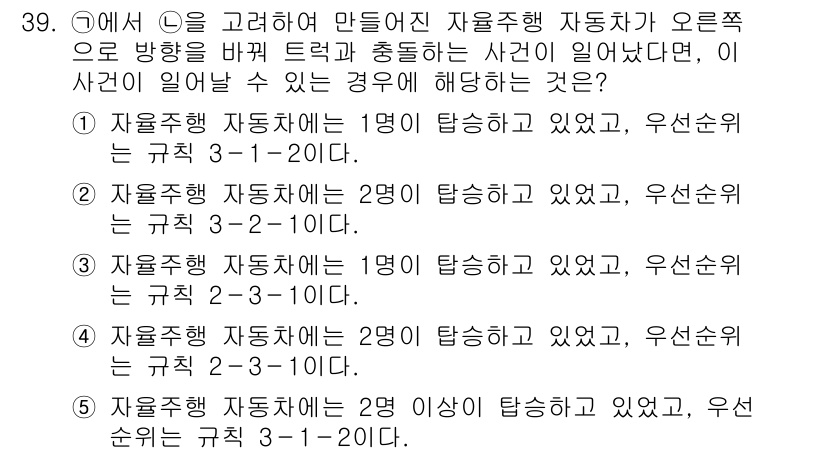 PSAT_언어논리 2018년 39번 - 문제에서 요청하는 상황은 자율주행 자동차의 탑승자 수와 우선순위의 관련성... 에 관한 핵심 기출문제