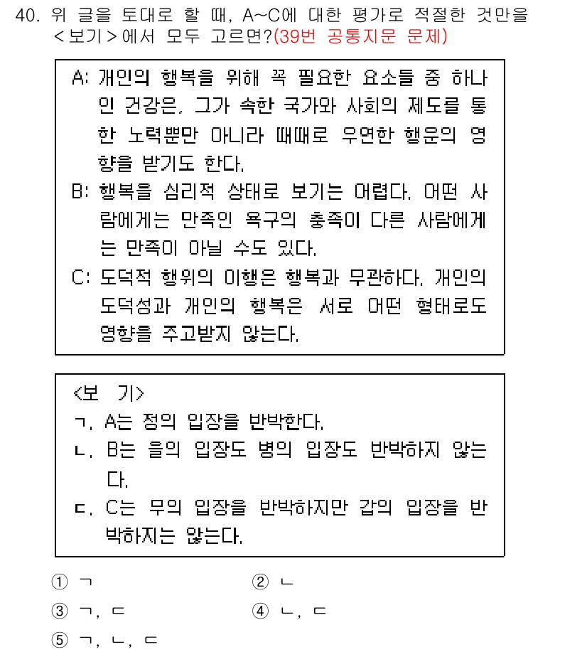 PSAT_언어논리 2019년 40번 - 정답 4번은 개인의 행복이 다른 사람의 행복과 상호 연관된다는 점을 강조... 에 관한 핵심 기출문제