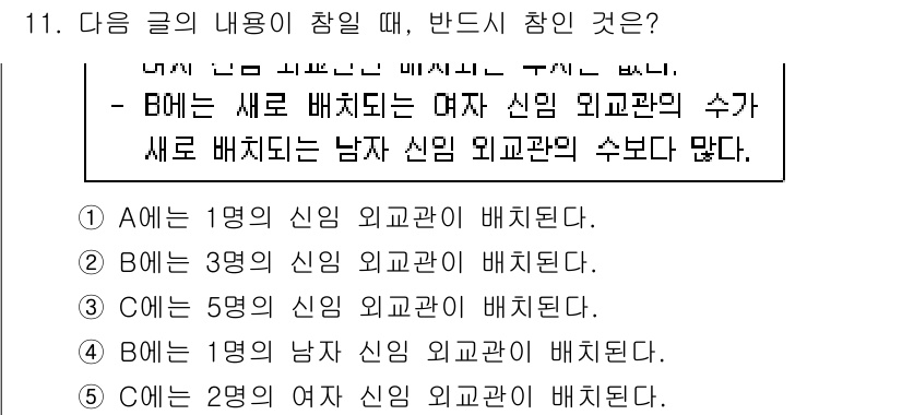 PSAT_언어논리 2020년 11번 - 주어진 문제는 각 문장에서 "배치된다"는 표현이 언급되고 있으며, B가 ... 에 관한 핵심 기출문제