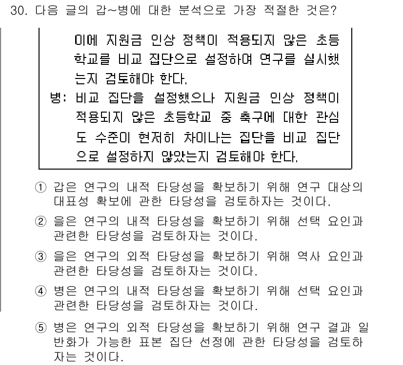 PSAT_언어논리 2020년 30번 - 이유: 제시된 연구는 비슷한 조건의 미국 초등학교와 비교하여 시행하므로,... 에 관한 핵심 기출문제