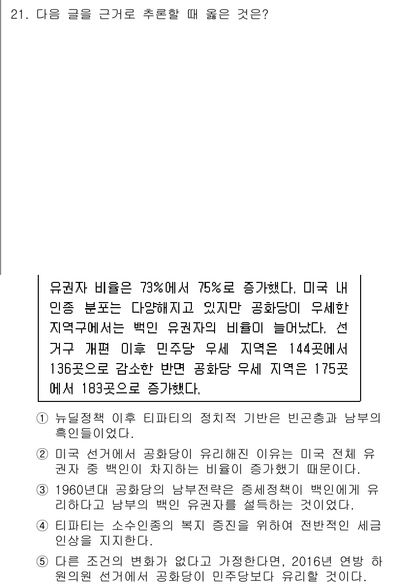 PSAT_상황판단 2015년 21번 - 정답 5번은 미국 내 정치적 기반의 불균형을 강조하고 있습니다. 미국의 ... 에 관한 핵심 기출문제