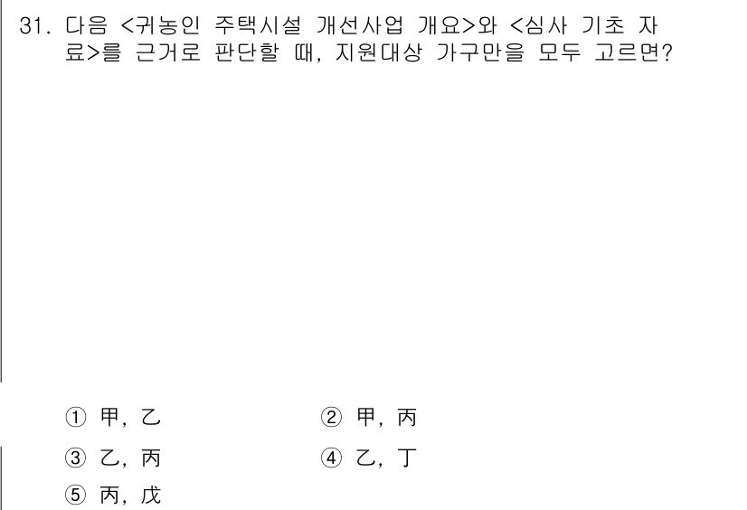 PSAT_상황판단 2015년 31번 - 정답인 ②는 주택시설 개선사업과 관련된 지원대상에 맞는 가구를 모두 포함... 에 관한 핵심 기출문제