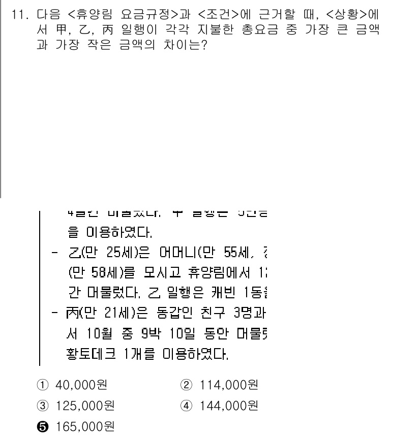 PSAT_상황판단 2017년 11번 - 정답 5번은 유념해야 할 상황에서 가장 큰 금액과 가장 작은 금액의 차이... 에 관한 핵심 기출문제