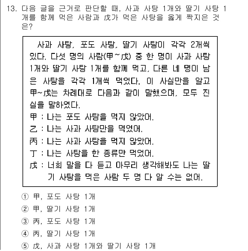 PSAT_상황판단 2018년 13번 - "사과"와 "딸기"를 각각 한 개씩 먹은 사람 A의 선택을 판단할 때, ... 에 관한 핵심 기출문제
