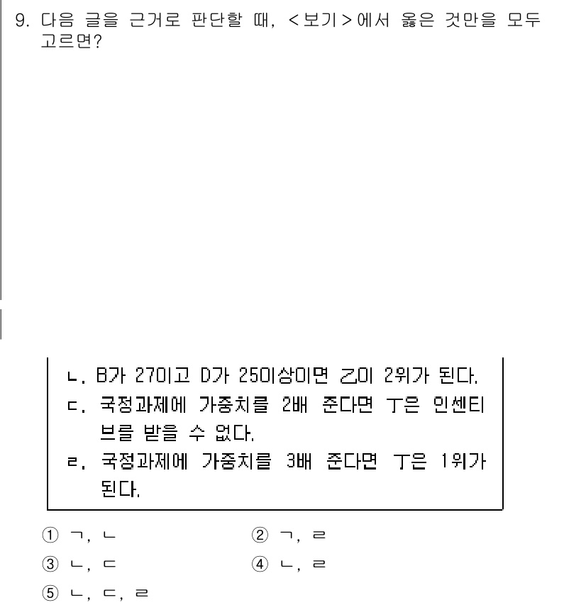 PSAT_상황판단 2018년 9번 - 정답 4번은 B가 D보다 우위에 있음을 보여주는 경우가 포함되어 있다. ... 에 관한 핵심 기출문제