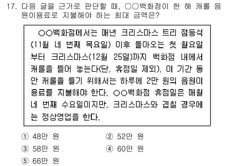 PSAT_상황판단 2019년 17번 - 문제에서 제공된 정보를 바탕으로, 크리스마스 트리 점등 시기와 관련한 최... 에 관한 핵심 기출문제