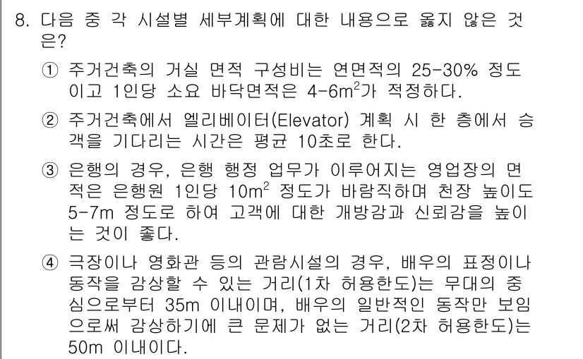 9급_지방직_공무원_서울시_건축계획 2015년 8번 - 정답 4번은 "극장이나 회의실 등의 관계 시설들은 그 넓이, 배유의 패턴... 에 관한 핵심 기출문제