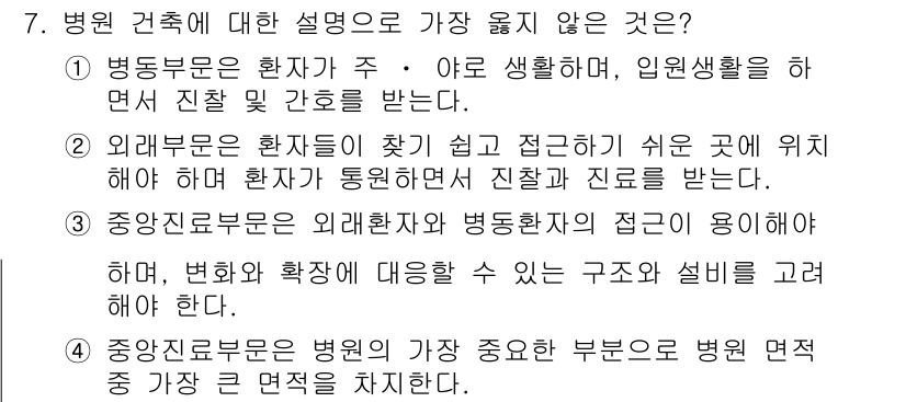 9급_지방직_공무원_서울시_건축계획 2017년 7번 - . 

건축 계획에서 병원 전반의 기본 개념과 구조를 계획할 때, 환자의... 에 관한 핵심 기출문제