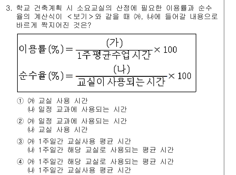 9급_지방직_공무원_서울시_건축계획 2018년 4번 - 정답이 3번인 이유는 "일정 교과에 사용되는 시간"이 아닌, "교실이 사... 에 관한 핵심 기출문제