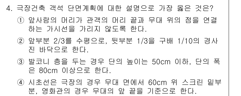 9급_지방직_공무원_서울시_건축계획 2018년 5번 - 정답은 1이다. 먼저, "관객의 머리 끝과 무대 위의 점을 연결하는 가시... 에 관한 핵심 기출문제