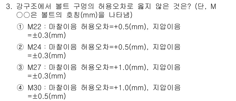 9급_지방직_공무원_서울시_건축구조 2015년 3번 - 문제에서 제시된 허용오차는 각 마찰림의 조건에 따라 달라진다. M22와 ... 에 관한 핵심 기출문제