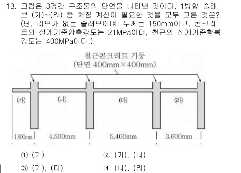 9급_지방직_공무원_서울시_건축구조 2019년 13번 - 주어진 구조물에서 슬래브의 두께와 강도는 중요하다. 주어진 하중을 지탱하... 에 관한 핵심 기출문제