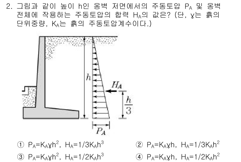 9급_지방직_공무원_서울시_건축구조 2019년 2번 - 주어진 문제에서 주동토압 \( P_A \)와 전체 주동토압 \( P_B ... 에 관한 핵심 기출문제