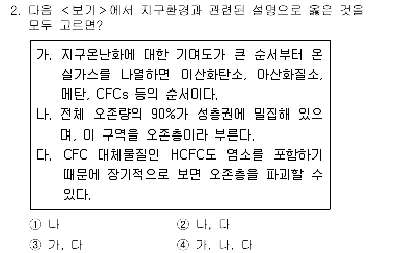 9급_지방직_공무원_서울시_공업화학 2016년 2번 - 지구온난화와 관련된 설명 중에서는 CFC와 같은 물질이 오존층 파괴의 주... 에 관한 핵심 기출문제