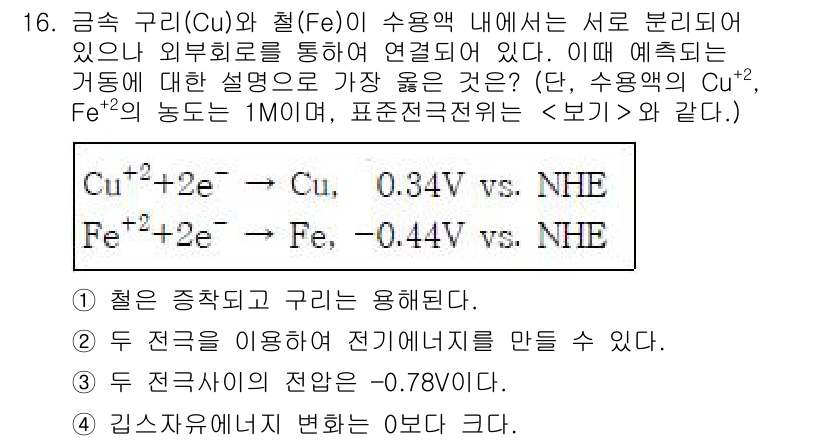 9급_지방직_공무원_서울시_공업화학 2018년 16번 - 구리(Cu)와 철(Fe)의 전극 전위 차이를 고려할 때, Cu는 NHE에... 에 관한 핵심 기출문제