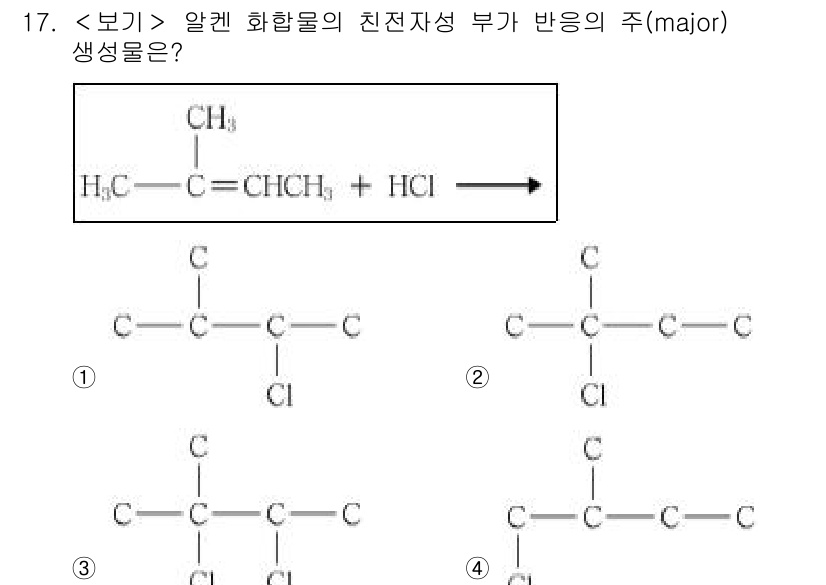 9급_지방직_공무원_서울시_공업화학 2018년 17번 - 주어진 알켄 화합물의 친전자성 반응에서 HCl의 전자가 C=C 이중결합에... 에 관한 핵심 기출문제