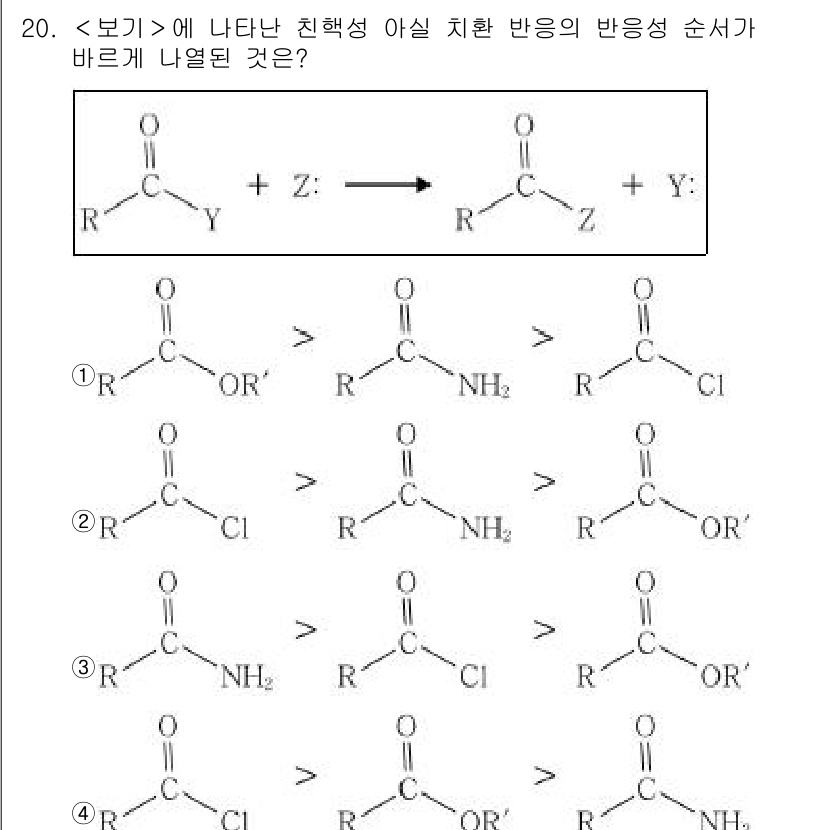 9급_지방직_공무원_서울시_공업화학 2018년 20번 - 주어진 반응은 친핵성 치환 반응으로, R 그룹과 Z, Y의 전자 밀도에 ... 에 관한 핵심 기출문제