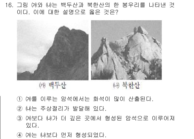 9급_지방직_공무원_서울시_과학 2015년 16번 - 백두산은 주상절리 형태로 화산활동의 결과가 뚜렷하게 나타나 있으며, 북한... 에 관한 핵심 기출문제