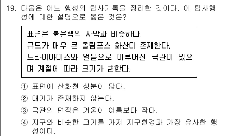 9급_지방직_공무원_서울시_과학 2015년 19번 - . 

붉은색 사막은 특징적으로 극단적인 온도 변화와 낮은 생물 다양성을... 에 관한 핵심 기출문제