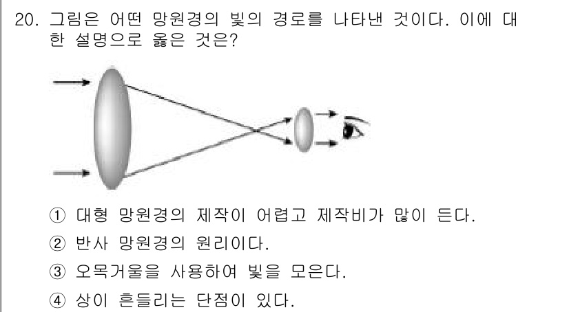 9급_지방직_공무원_서울시_과학 2015년 20번 - 대형 망원경의 제작이 어려운 이유는 깁이 길어질수록 광학적 수차가 발생하... 에 관한 핵심 기출문제