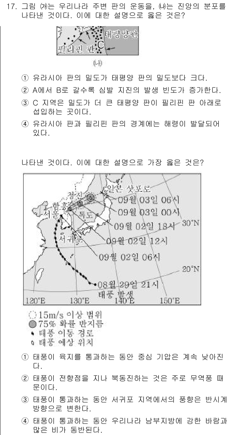 9급_지방직_공무원_서울시_과학 2016년 17번 - 제시된 문제는 유라시아 판과 태평양 판의 경계에 관한 내용으로, 일본 열... 에 관한 핵심 기출문제