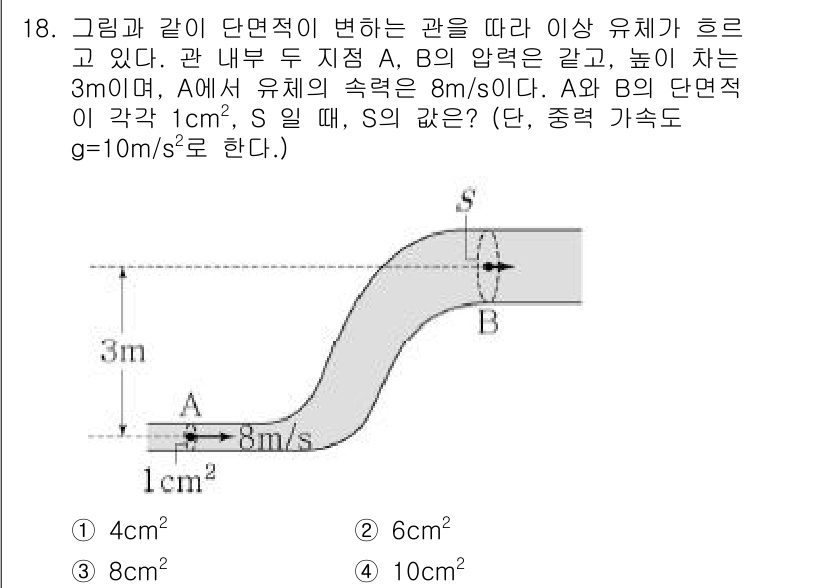 9급_지방직_공무원_서울시_과학 2019년 18번 - 주어진 문제에서 A, B의 단면적과 유체의 속도를 이용해 연속 방정식을 ... 에 관한 핵심 기출문제